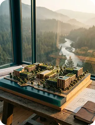 An architectural scale model of a low-rise campus with green roofs, resting on a wooden table beside blueprints, overlooking a forested river valley
