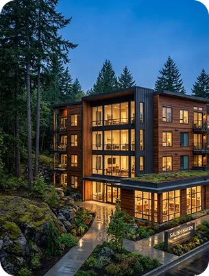 A four-storey timber apartment building with balconies and a planted green roof, lit at dusk among tall evergreens