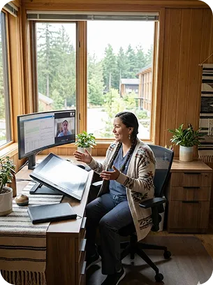 A woman at a wooden desk in a timber-walled room speaks with a clinician during a video appointment on a curved monitor, forest visible through the window