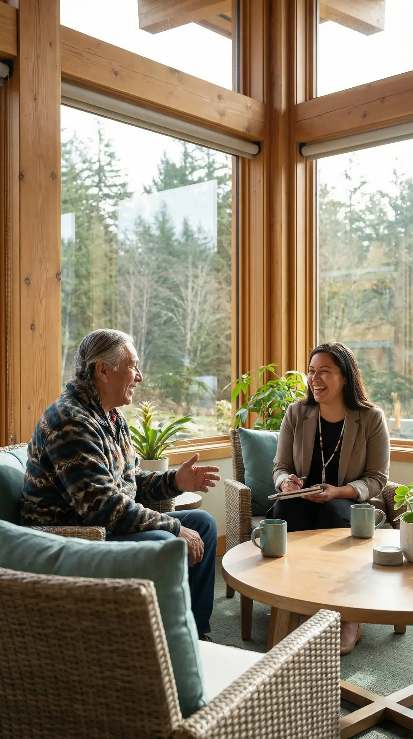 Two people sit in armchairs by a sunlit window with mugs, talking, with forested hills outside