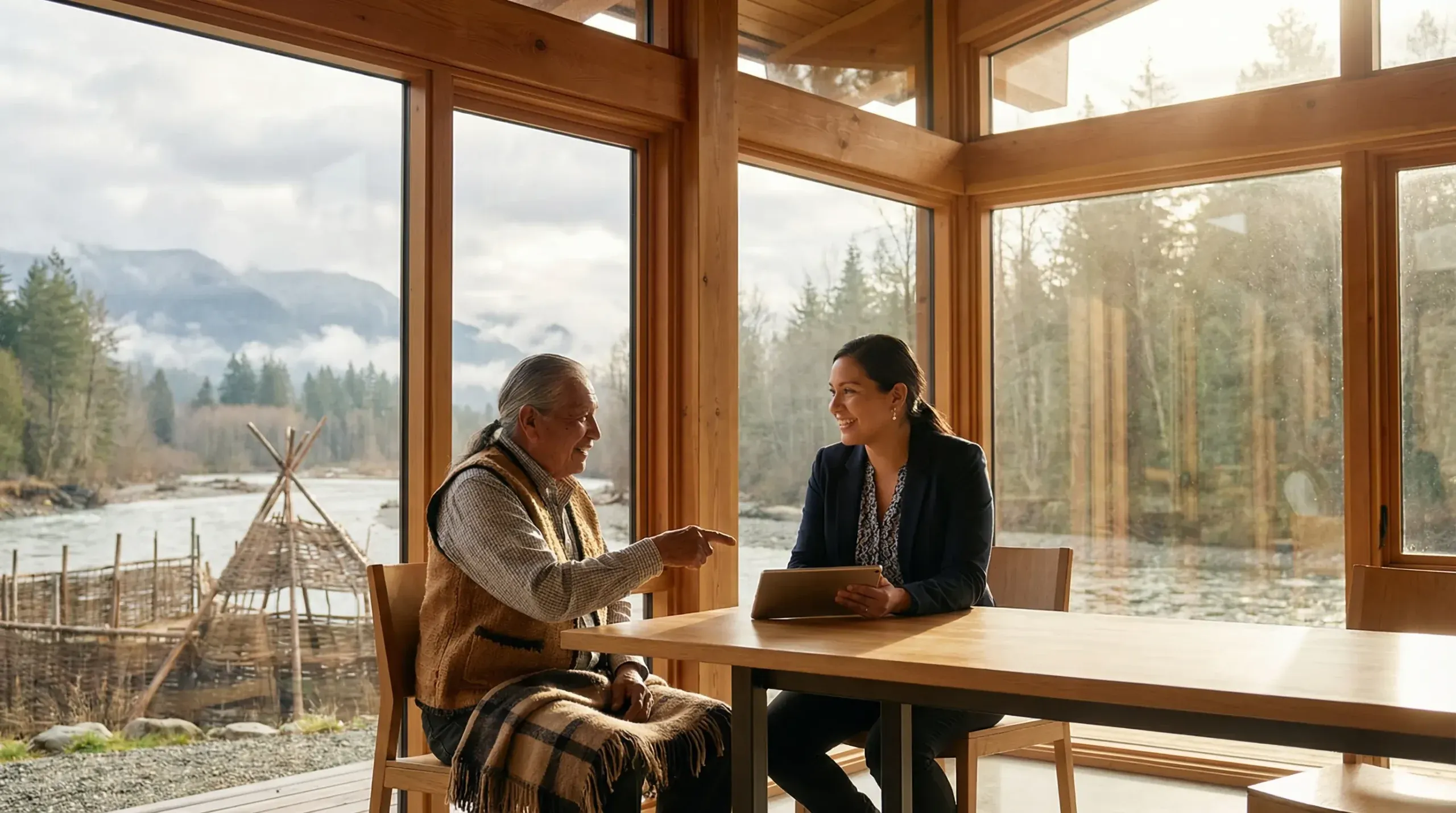 An older man with grey hair gestures while talking to a smiling woman holding a tablet, seated at a wooden table inside a glass-walled building overlooking a river, a traditional wooden weir, and forested mountains