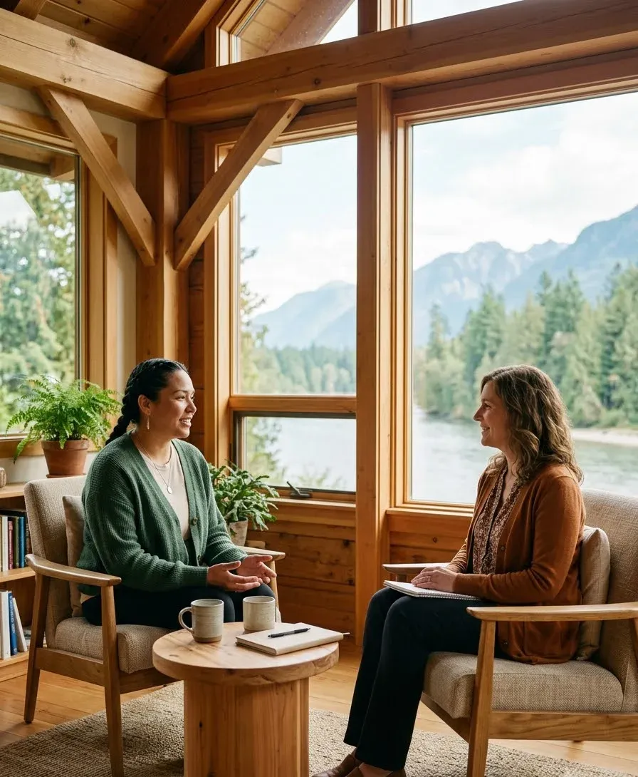 A First Nations woman and a counsellor in open, relaxed conversation in a bright timber-framed room beside a river
