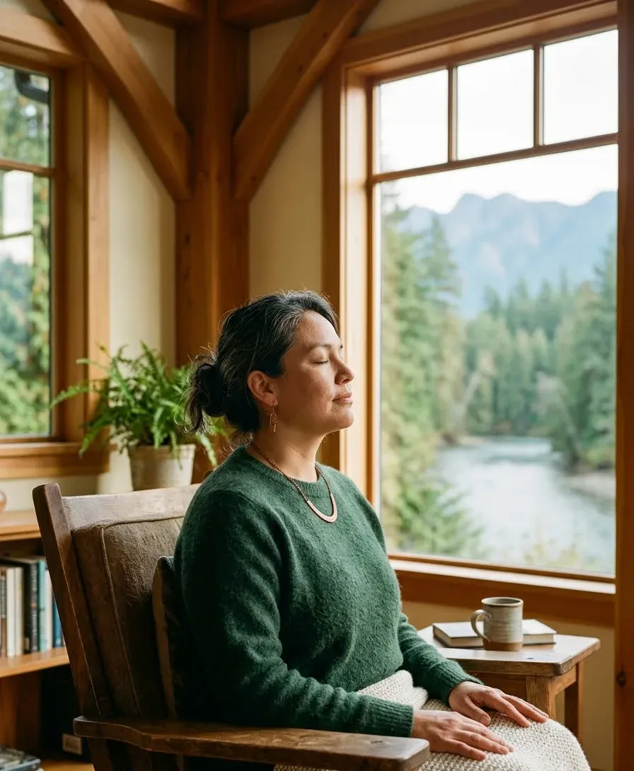 A First Nations woman sitting calmly with her eyes closed, taking a grounded breath in a peaceful room overlooking a river
