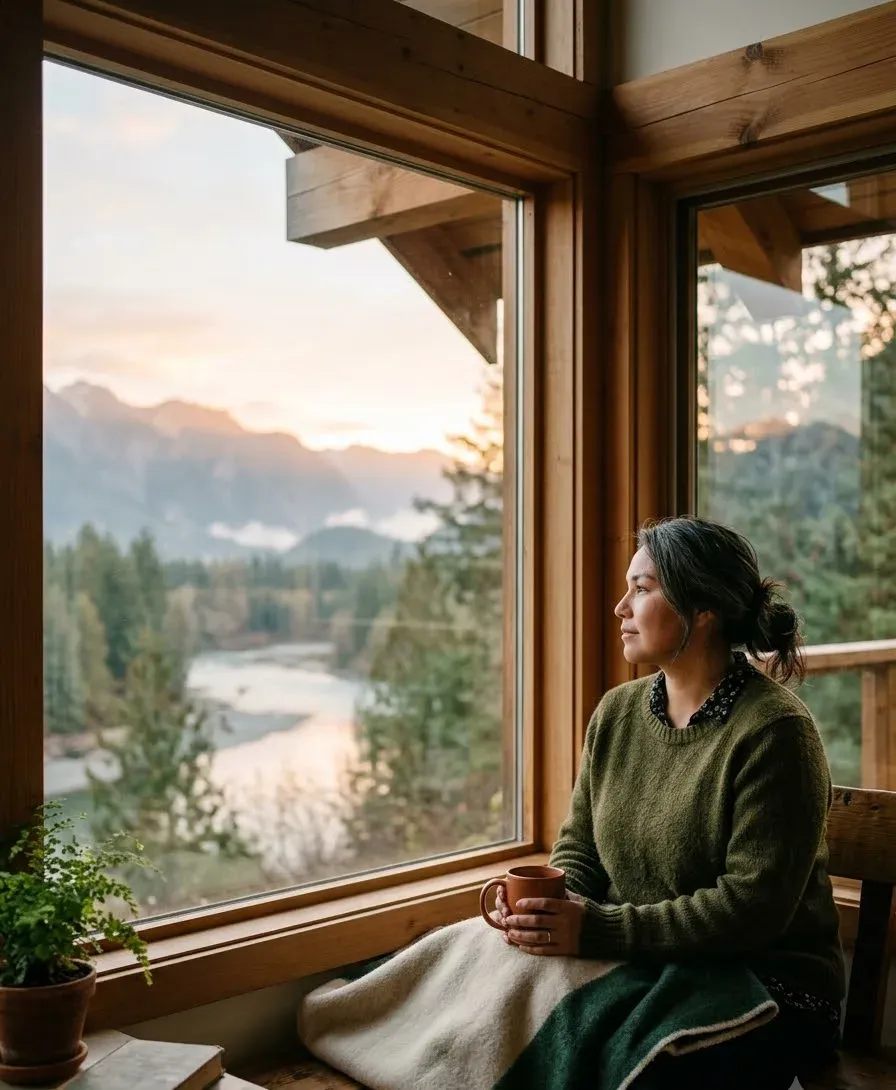 A First Nations woman looking out a large window at soft dawn light over the mountains and river, holding a warm mug