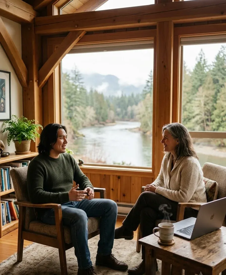 An FNHA-registered counsellor and a First Nations client talking over tea and a laptop in a timber room overlooking a river