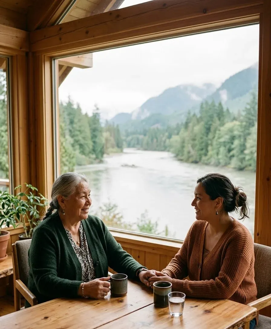 A First Nations Elder and a younger First Nations woman in warm conversation over tea, a river and mountains through the window