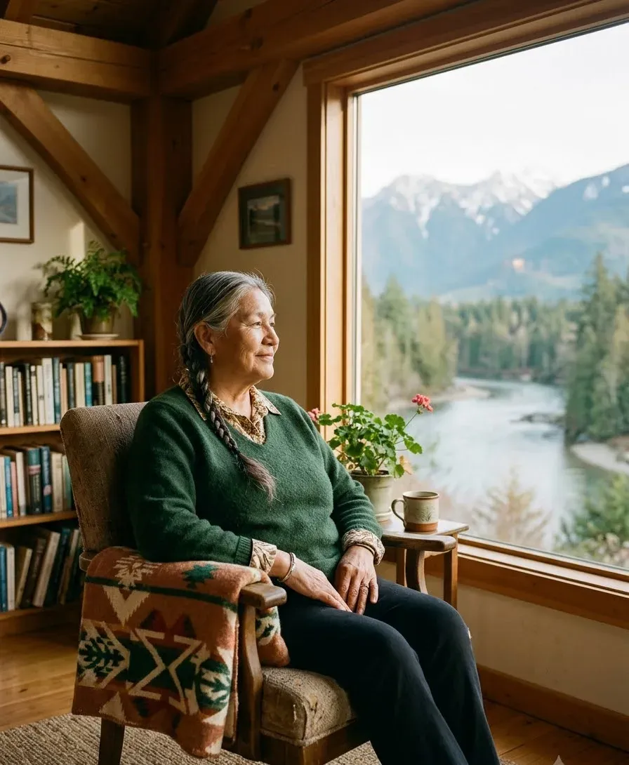 A First Nations Elder sitting calmly by a window overlooking a river and mountains, a woven blanket beside her armchair