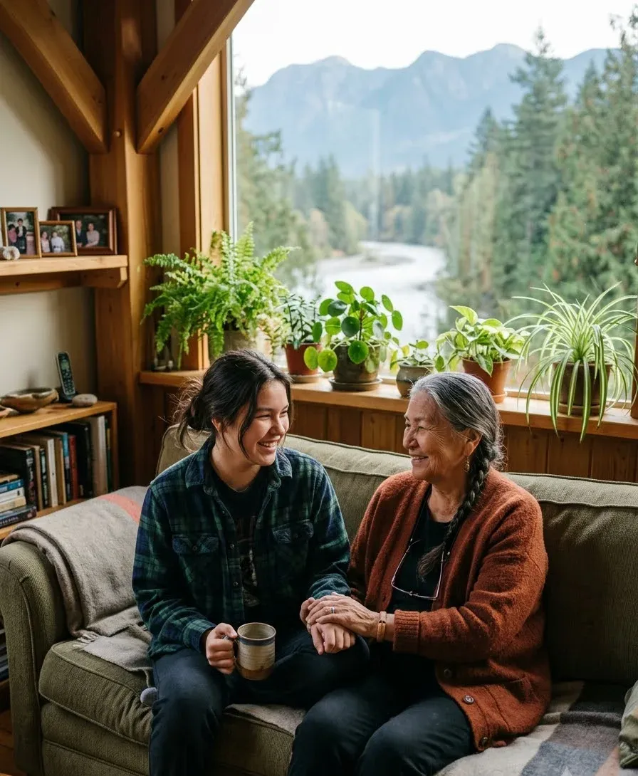A young First Nations person and their grandmother laughing together on a couch by a plant-filled window